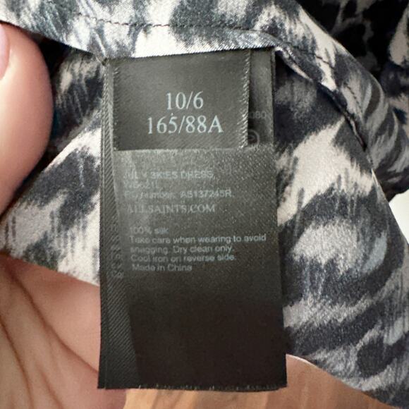 ALLSAINTS Watch the Skies Gray Silk Mini Dress Leopard Hem Women's US Size 6 - Picture 6 of 12